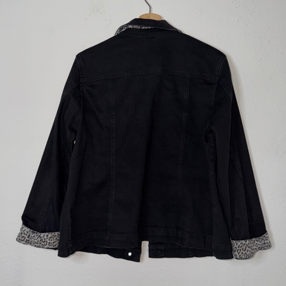 Chicos Black Denim Jacket w/ animal print accents Sz. L (2) - Picture 6 of 7